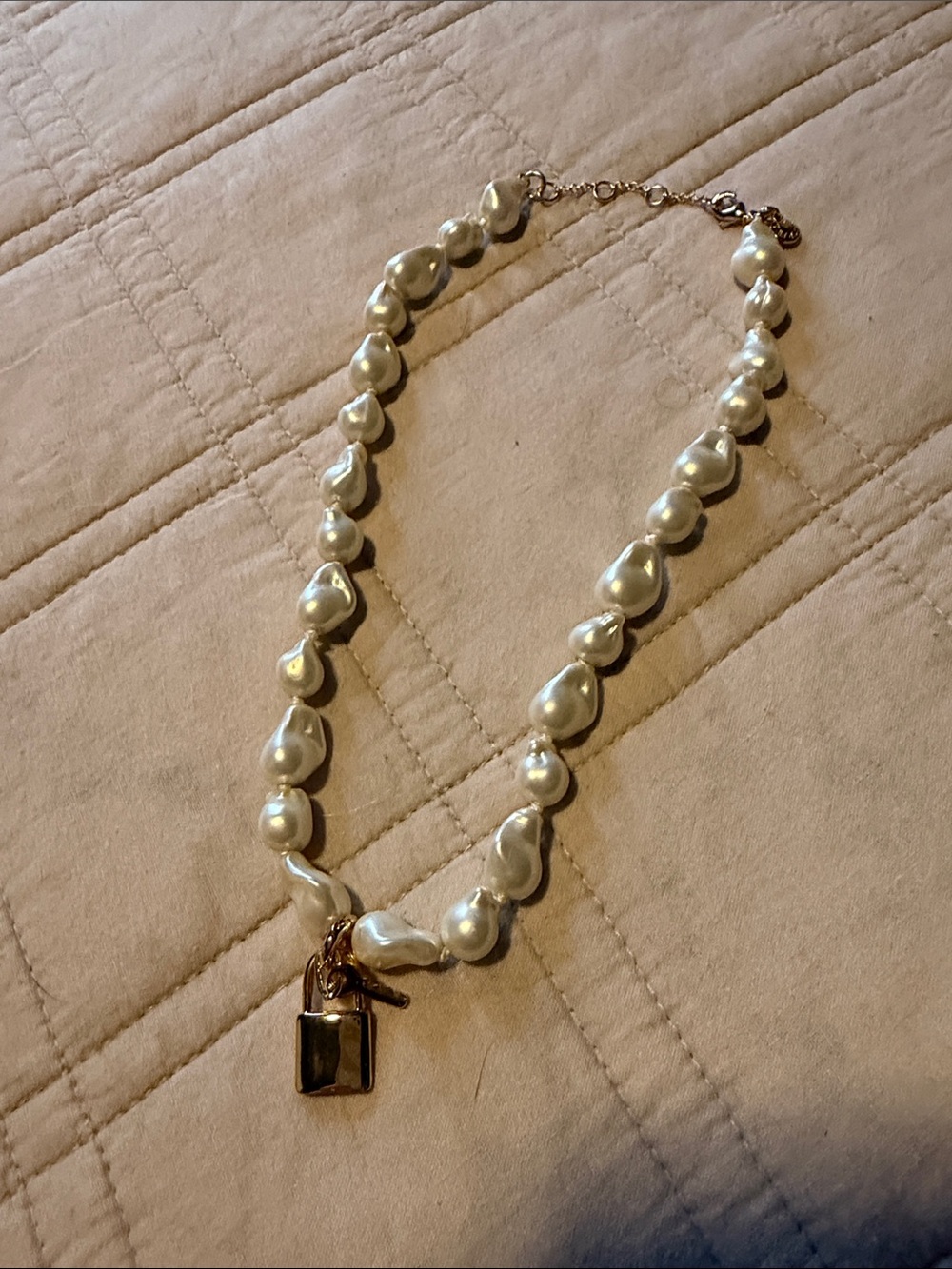 J. Crew Irregular White Pearl Necklace with Gold Padlock Charm